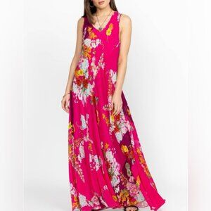 Johnny Was Golden Bouquet Vibrant Pink Floral Bias Maxi Dress Size Small